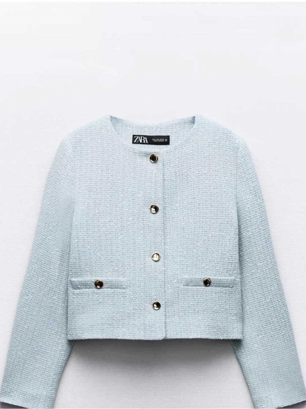 ZARA Pale Blue Bouclé Cropped Blazer with Gold Buttons